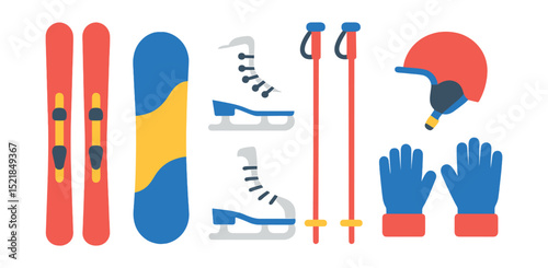 Flat vector icons of winter sports equipment: skis, snowboard, ice skates, ski poles, helmet, goggles, winter gloves, snow boots.