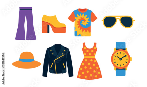 Flat vector icons of retro fashion: bell-bottom pants, platform shoes, tie-dye shirt, aviator sunglasses, wide-brim hat, leather jacket, polka dot dress, vintage watch.