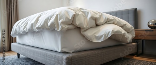 bed with a white comforter on top of it