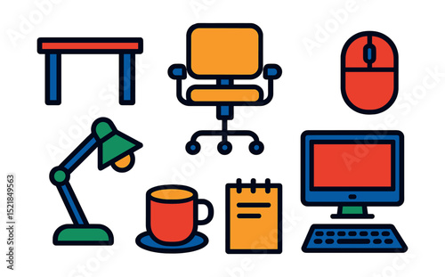 Flat vector icons of home office setup: desk, computer monitor, office chair, keyboard, mouse, desk lamp, coffee cup, notepad.