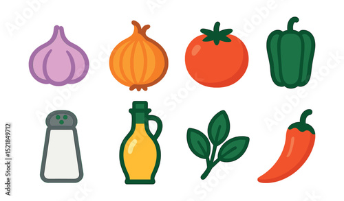 Flat vector icons of cooking ingredients: garlic, onion, tomato, pepper, salt shaker, olive oil, herbs, chili pepper.
