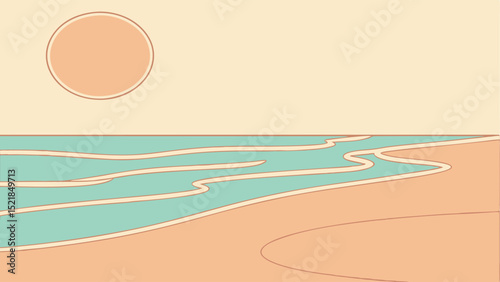 Serene beach landscape minimalist illustration with soft pastel colors and transparency