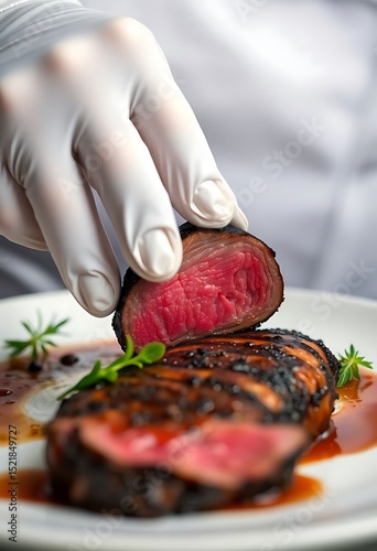 person in white gloves is putting sauce on a piece of meat