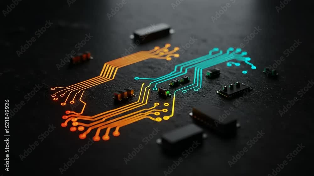 Circuit board components with glowing printed traces