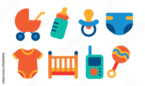 Flat vector icons of baby care: stroller, baby bottle, pacifier, diaper, baby clothes, crib, baby monitor, toy rattle.