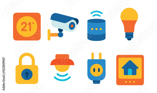 Flat vector icons of smart home devices: smart thermostat, security camera, voice assistant, smart lighting, smart lock, motion sensor, smart plug, home hub.