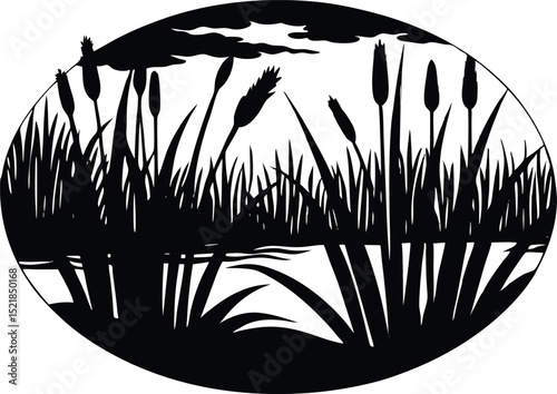 Silhouette of Cattails by Marsh Pond, Cattail Plants by Still Water