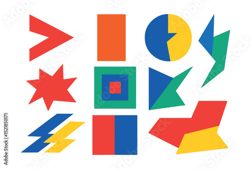 Flat vector icons of brutalist abstract forms: sharp-edged triangles, bold rectangles, fragmented circles, jagged polygons, layered squares, asymmetrical shapes, dynamic lines, contrasting blocks.