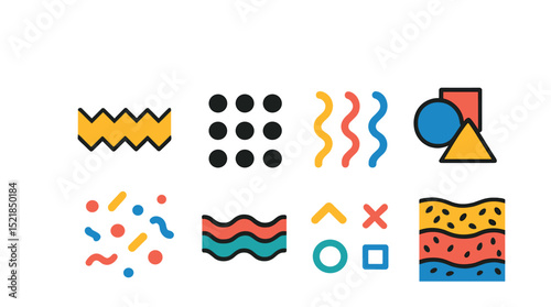 Flat vector icons of Memphis inspired abstract patterns: zigzag borders, polka dot clusters, squiggly lines, overlapping shapes, colorful confetti, geometric waves, playful motifs, layered patterns.