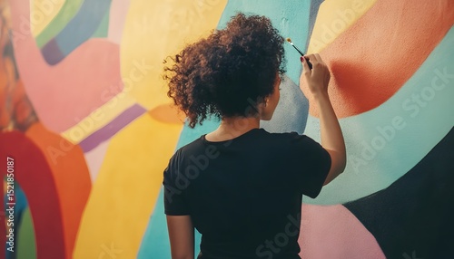 A person paints a vibrant mural.