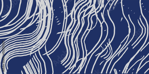 Hand drawn brush lines scattered and disorganized water waves and ripples pattern in white and blue, Japanese and tribal wood carving, weaving texture background for textile, carpet