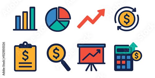 Flat vector icons of financial strategy: bar graph, pie chart, trend arrow, ROI, budget, cost analysis, forecasting, profit margin.