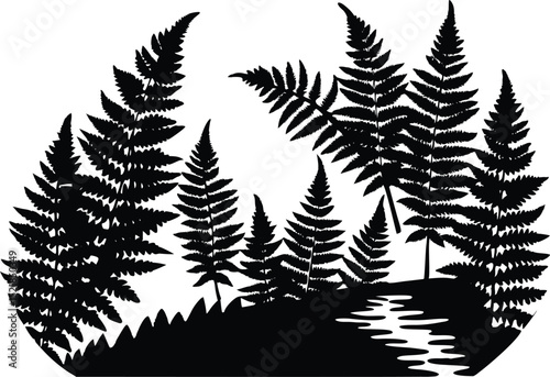 Silhouette of Fern Bank by River, Ferns Growing by Riverbank