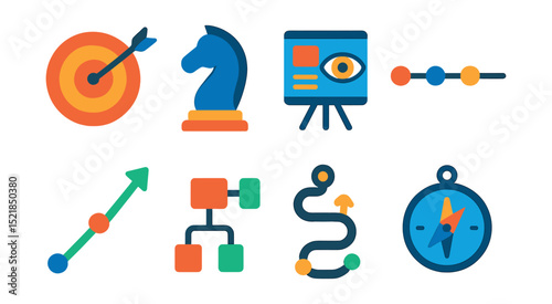 Flat vector icons of strategic planning: target, chess piece, vision board, timeline, growth path, decision tree, roadmap, compass.