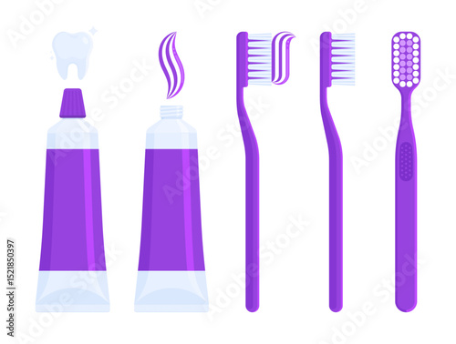 Set of purple toothpaste tubes and toothbrushes with paste on bristles. Dental care, hygiene, oral health, and personal care concept. Flat vector illustration isolated on white background	