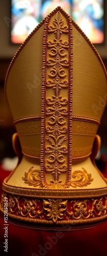 close up of a gold and red object with a television in the background
