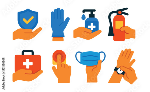 Flat vector icons of human hands with safety objects: hand holding shield, hand wearing glove, hand using sanitizer, hand holding fire extinguisher, hand with first aid kit, hand pressing emergency