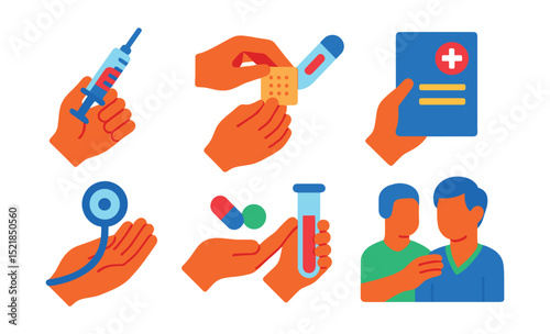 Flat vector icons of human hands with medical items: hand holding syringe, hand applying bandage, hand using thermometer, hand holding medical report, hand with stethoscope, hand giving pill, hand