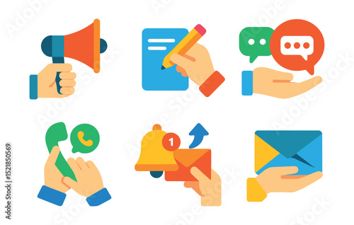 Flat vector icons of human hands with communication symbols: hand holding megaphone, hand writing message, hand with chat bubble, hand showing speech icon, hand dialing phone, hand with notification