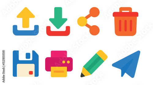 Flat vector icons of action buttons: upload button, download button, share button, delete button, save button, print button, edit pencil, send arrow.