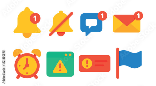 Flat vector icons of notification buttons: bell icon, mute notification, message alert, email notification, reminder icon, popup alert, banner icon, flag item.