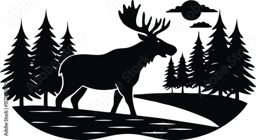 Silhouette of Moose Crossing River at Dawn, Moose in Misty River Morning
