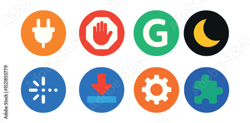 Flat vector icons of browser plugins in circular style: plugin icon, ad blocker, grammar checker, dark mode switch, password manager, video downloader, productivity plugin, extension settings.