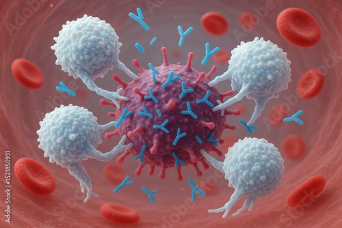 Immune system - Highly detailed 3D illustration of white blood cells leukocytes attacking a potential pathogen inside a blood vessel