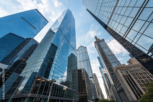 Soaring Modern Skyscrapers with Sleek Glass Facades Against a Clear Blue Sky, Embodying Corporate Power and Urban Development