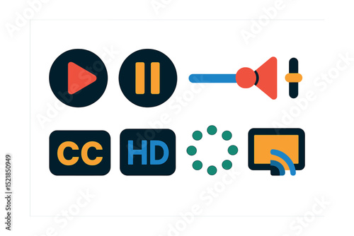 Flat vector icons of streaming platforms: play button, pause icon, video timeline, volume slider, subtitle toggle, HD stream, buffering icon, screen cast.