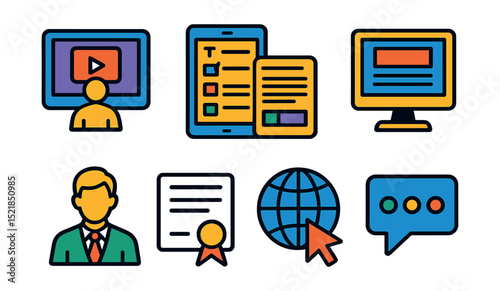 Flat vector icons of online learning platforms: virtual lecture, online quiz, course list, lesson module, teacher icon, digital certificate, webinar link, class forum.
