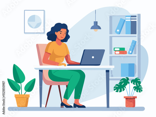 Woman concentrating on laptop while working at minimalist white desk in stylish office environment