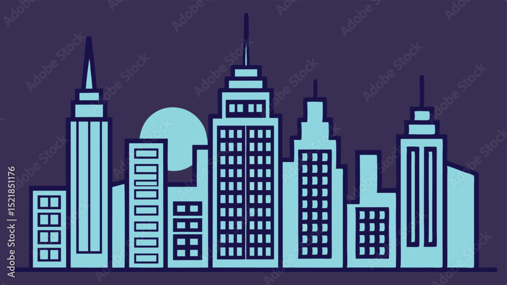 Naklejka premium Stylized cityscape silhouette featuring various buildings in a modern minimalist design