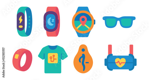 Flat vector icons of smart wearable devices: fitness band, sleep tracker, GPS watch, smart glasses, biometric ring, smart clothing, posture sensor, wearable ECG.