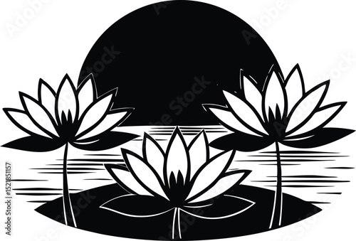 Silhouette of Water Lilies at Sunset, Tranquil Sunset Over Lily Pond