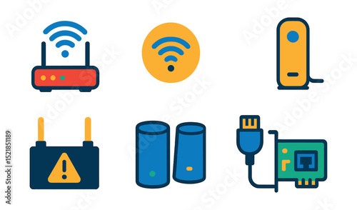 Flat vector icons of network technology: Wi-Fi router, access point, switch hub, modem icon, signal booster, mesh system, internet cable, network card.