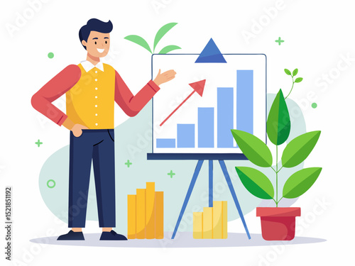 Man in modern office beside whiteboard featuring upward arrows showing quarterly revenue increase