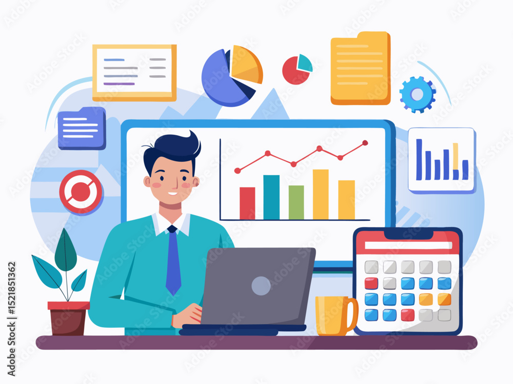 Fototapeta premium Financial analyst reviewing data reports and business charts on desktop computer with calculator