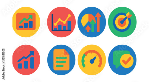 Flat vector icons of company dashboard elements in circular style: revenue widget, active users graph, traffic overview, conversion tracker, growth indicator, report icon, performance meter, status
