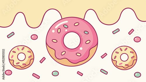 Sweet and colorful cartoon donuts with sprinkles and drizzled icing elements