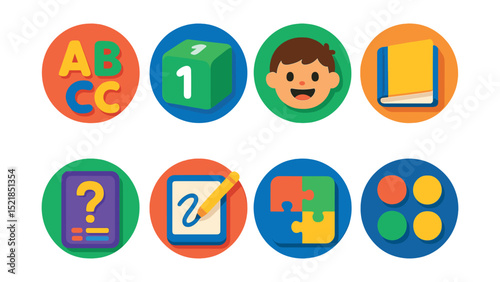 Flat vector icons of kids educational apps in circular style: alphabet icon, number block, puzzle piece, cartoon character, storybook icon, interactive quiz, drawing pad, color game.