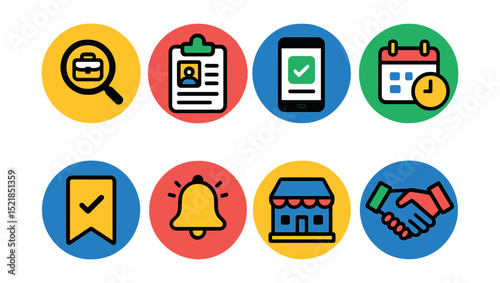 Flat vector icons of job and career apps in circular style: job search icon, resume upload, application status, interview schedule, saved job, job alert, company profile, job offer icon.