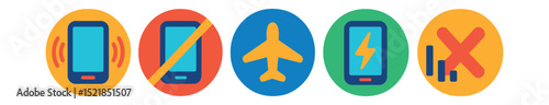 Flat vector icons of mobile device states in circular style: phone vibrate, phone silent, airplane active, charging status, connection lost.