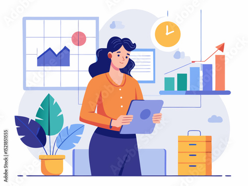 Businesswoman holding financial report in bright modern office with clean minimal interior design