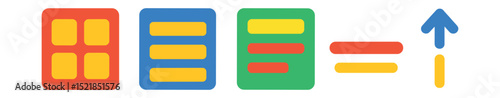 Flat vector icons of UI layout tools: grid view, list view, card view, section divider, scroll indicator.