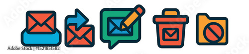 Flat vector icons of mobile email tools: inbox icon, send mail, draft message, trash mail, spam folder.