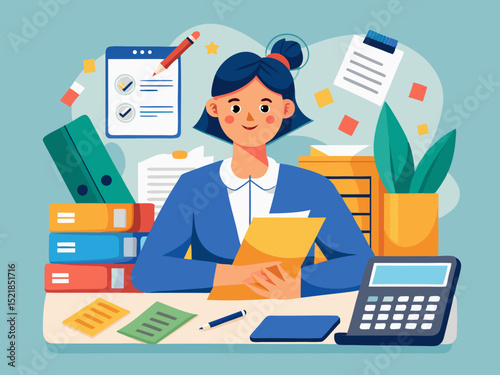 Female accountant preparing tax documents with receipts calculator and files in modern workspace