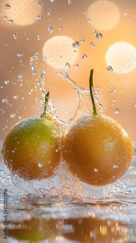 Two citrus fruits in mid-air, with water splashes.