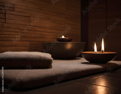 modern spa room, Moody picture of a zen-inspired spa scene with candles on a dark background