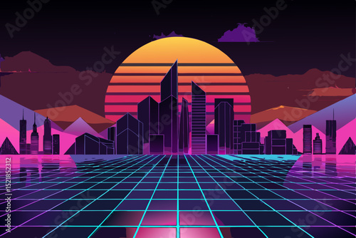 Urban night cityscape with towering illuminated skyscrapers and future city skyline design